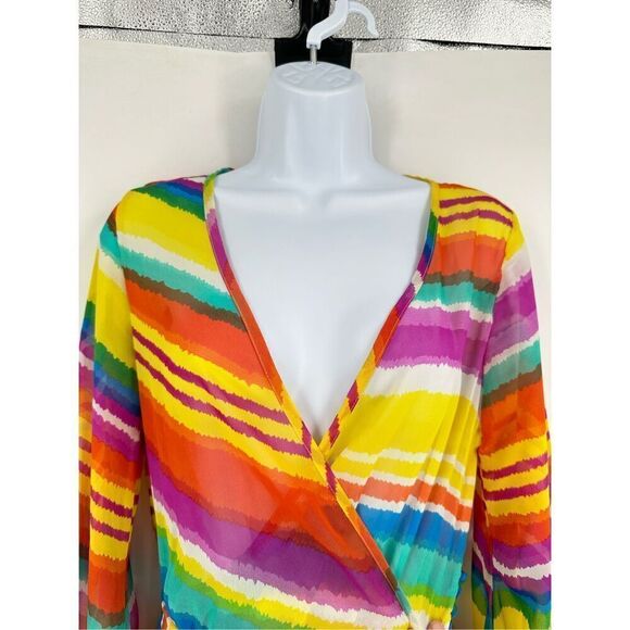 Corrida Women's Rainbow Striped Balloon Sleeve Wrap Maxi Dress Multi-Color Small - Picture 4 of 9